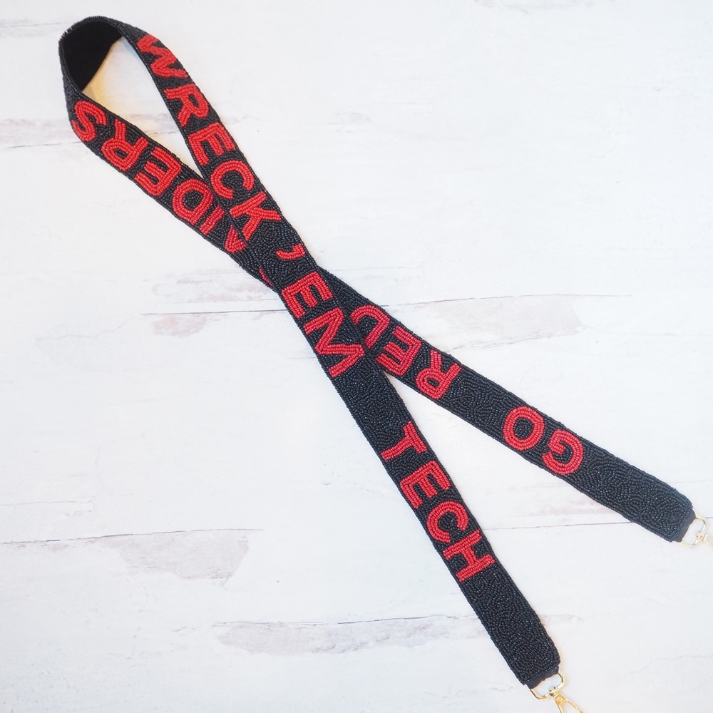 Beaded Go Red Raiders Wreck ‘Em Tech Purse Strap Texas Collegiate Game Day Black